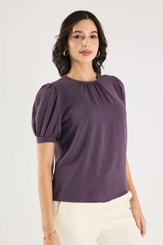 Solid-Blended-Fabric-Round-Neck-Women-s-Top