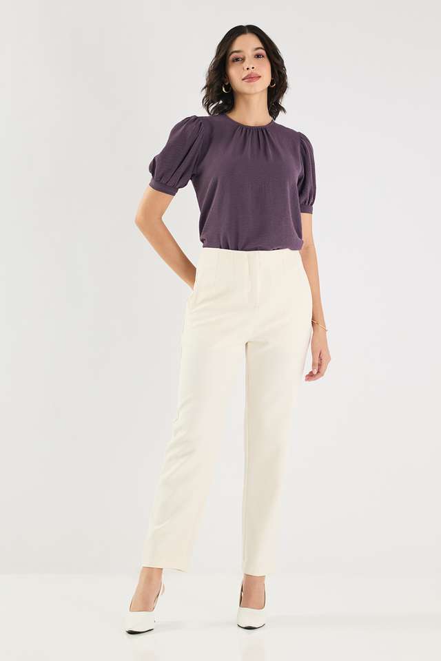 Solid-Blended-Fabric-Round-Neck-Women-s-Top