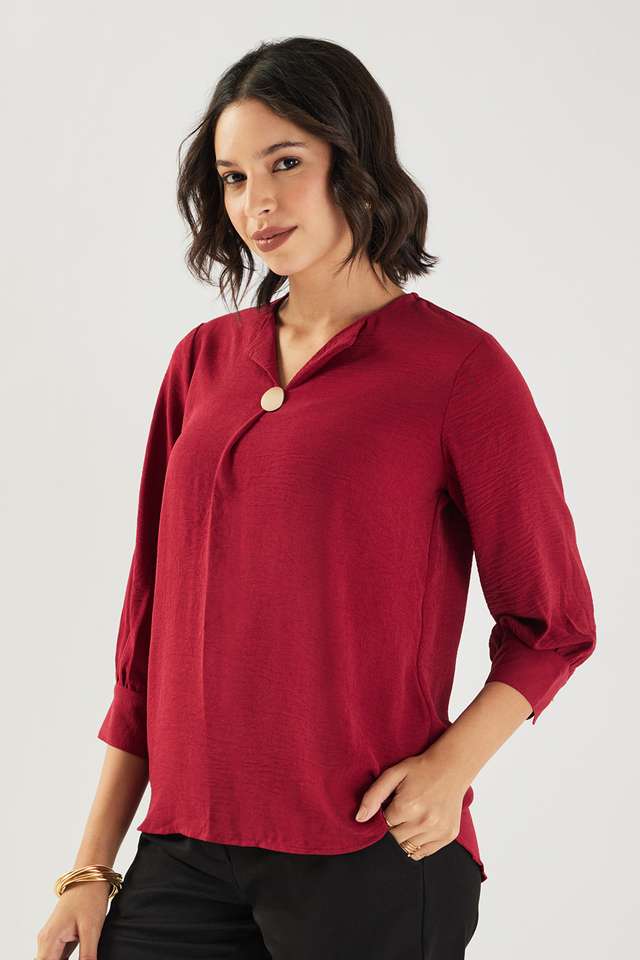 Solid-Blended-Fabric-V-Neck-Women-s-Top