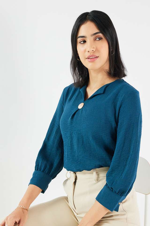 Solid-Blended-Fabric-V-Neck-Women-s-Top