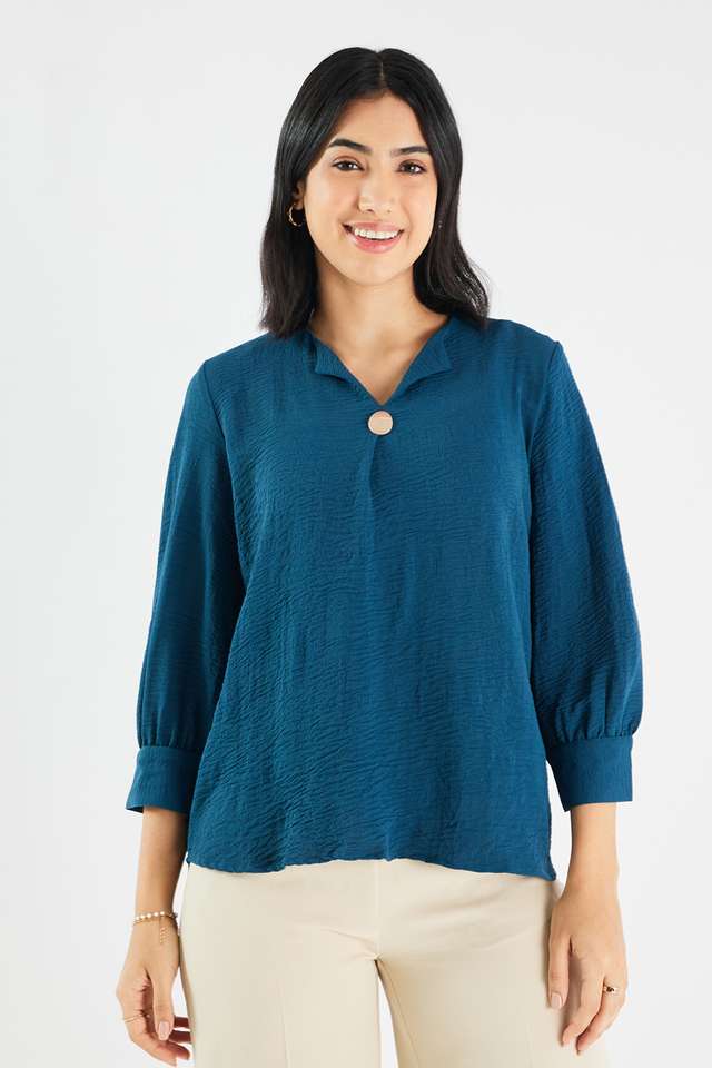 Solid-Blended-Fabric-V-Neck-Women-s-Top