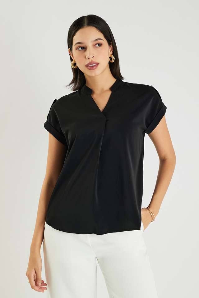 Solid-Blended-Fabric-V-Neck-Women-s-Top