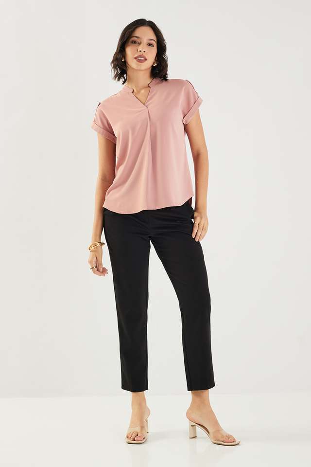 Solid-Blended-Fabric-V-Neck-Women-s-Top