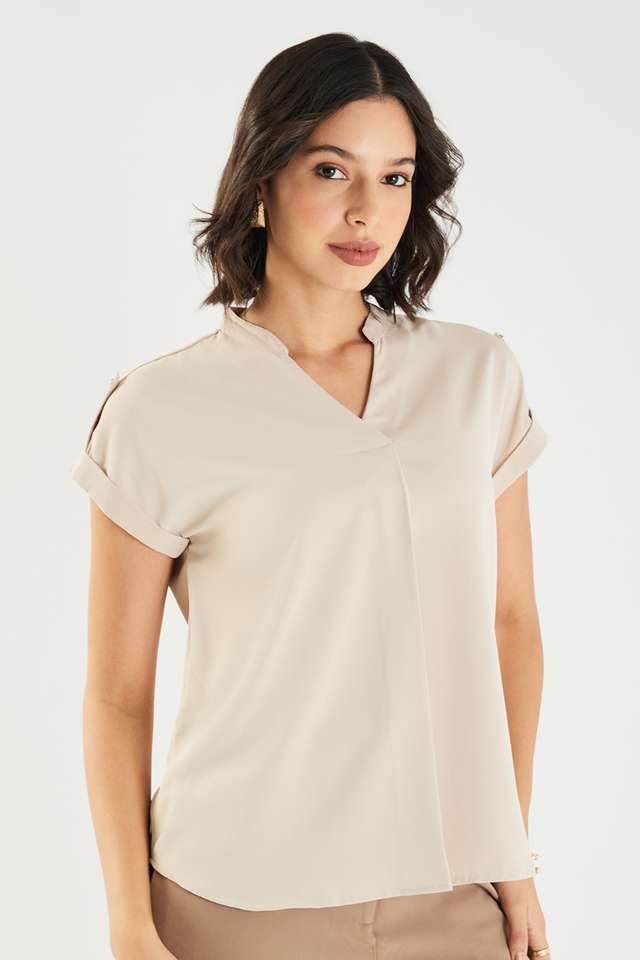Solid-Blended-Fabric-V-Neck-Women-s-Top