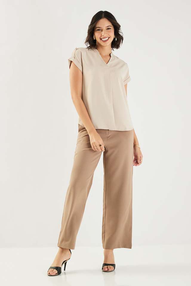 Solid-Blended-Fabric-V-Neck-Women-s-Top