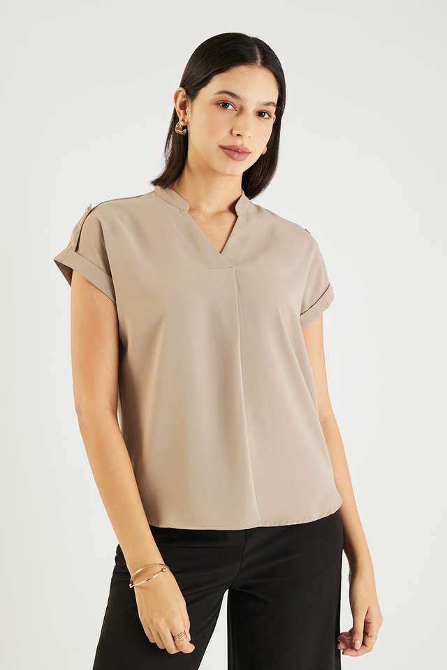 Solid-Blended-Fabric-V-Neck-Women-s-Top