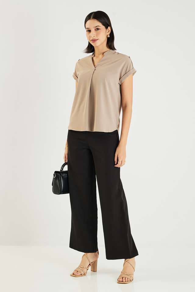 Solid-Blended-Fabric-V-Neck-Women-s-Top