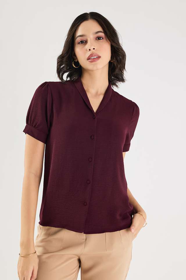Solid-Blended-Fabric-V-Neck-Women-s-Top