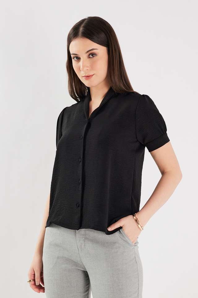 Solid-Blended-Fabric-V-Neck-Women-s-Top