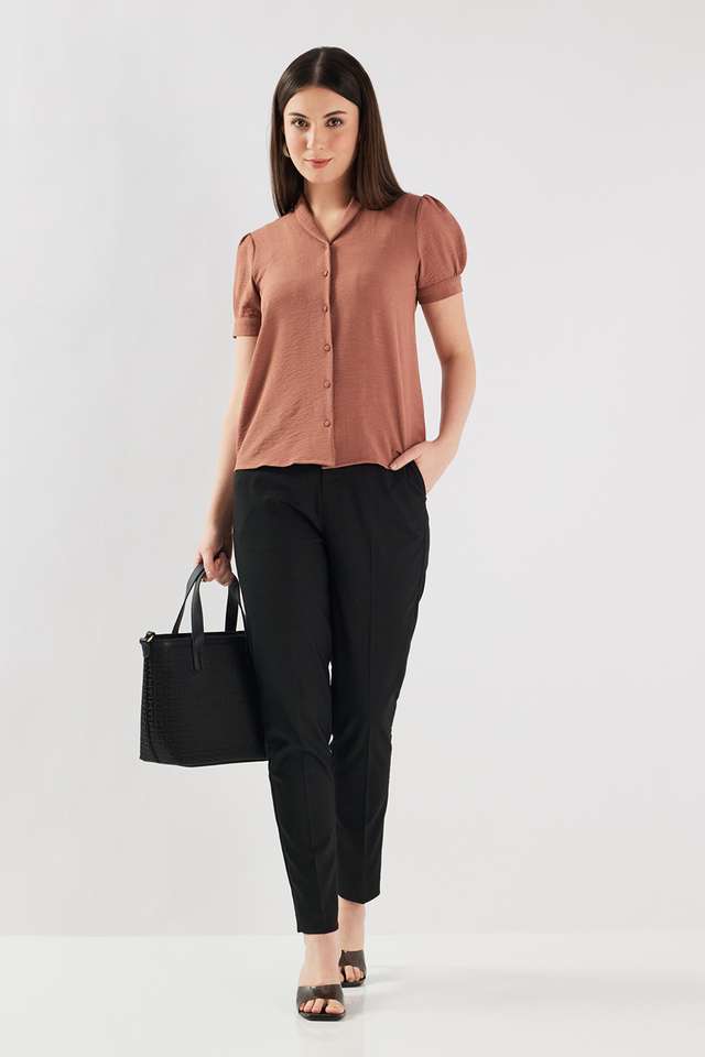 Solid-Blended-Fabric-V-Neck-Women-s-Top