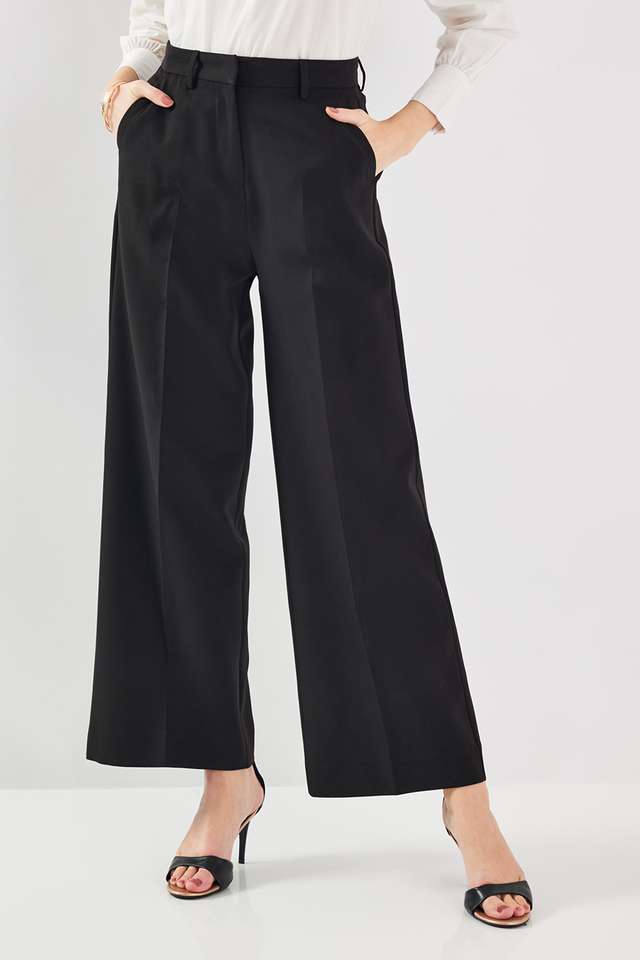 Solid-Blended-Fabric-Wide-Leg-Fit-Women-s-Formal-Trousers