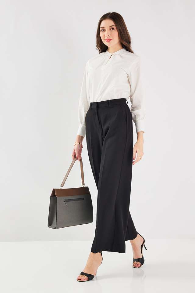 Solid-Blended-Fabric-Wide-Leg-Fit-Women-s-Formal-Trousers