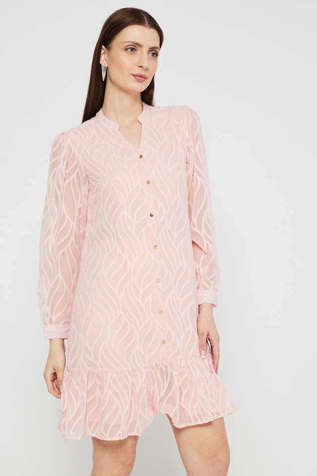 Textured-V-Neck-Polyester-Women-s-Calf-Length-Tiered-Dress