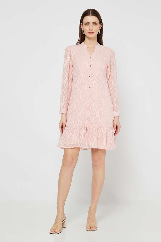 Textured-V-Neck-Polyester-Women-s-Calf-Length-Tiered-Dress