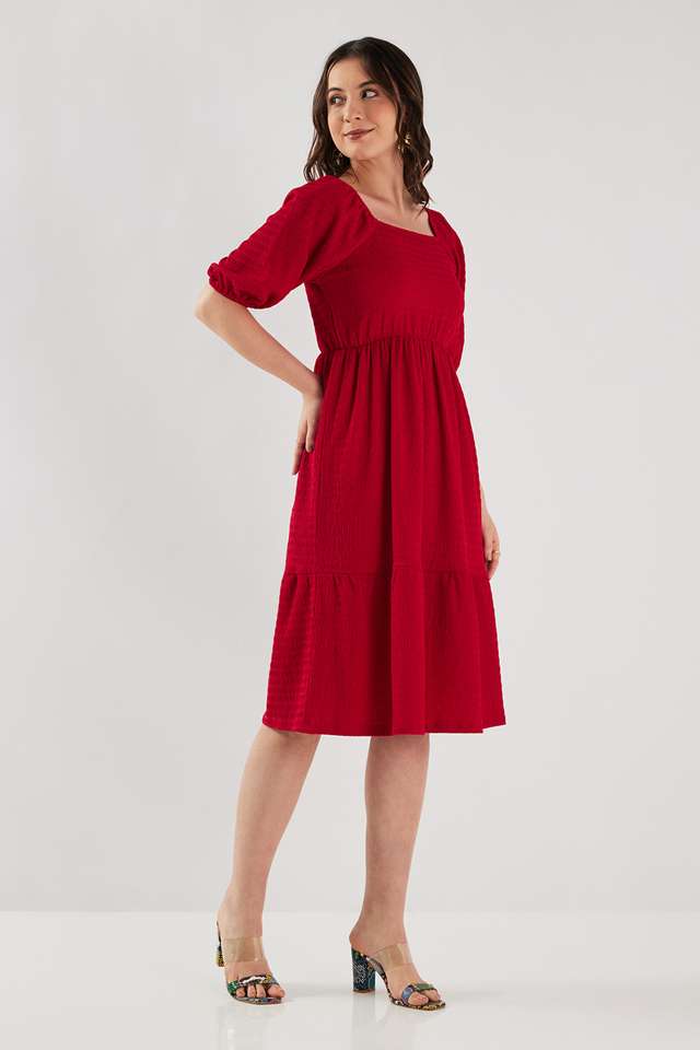 Textured-Blended-Fabric-Square-Neck-Women-s-Midi-Dress
