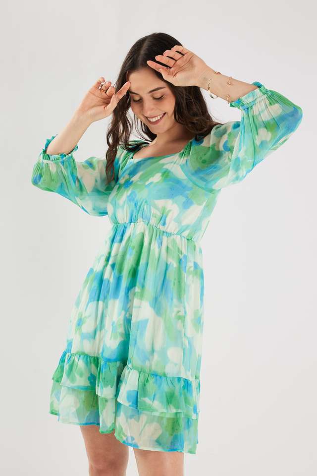 Printed-Chiffon-Square-Neck-Women-s-Knee-Length-Dress