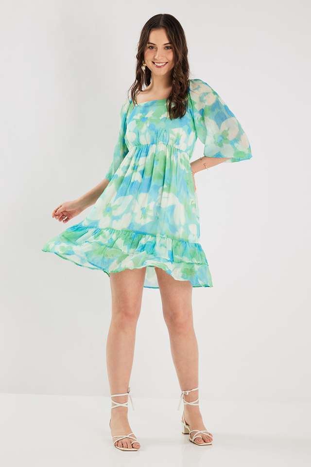 Printed-Chiffon-Square-Neck-Women-s-Knee-Length-Dress