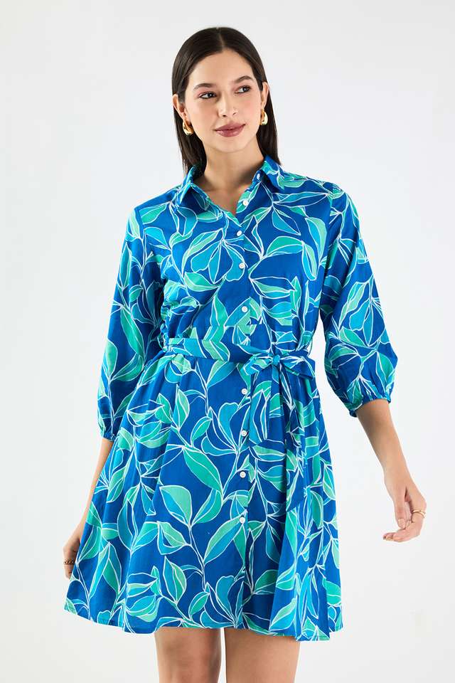 Printed-Blended-Fabric-Collared-Women-s-Knee-Length-Dress