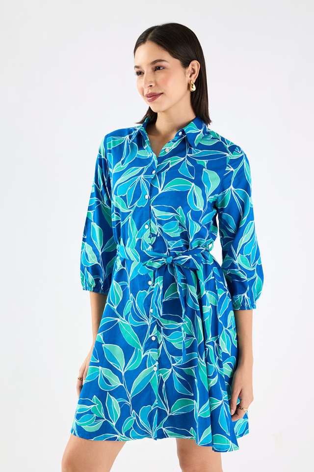 Printed-Blended-Fabric-Collared-Women-s-Knee-Length-Dress