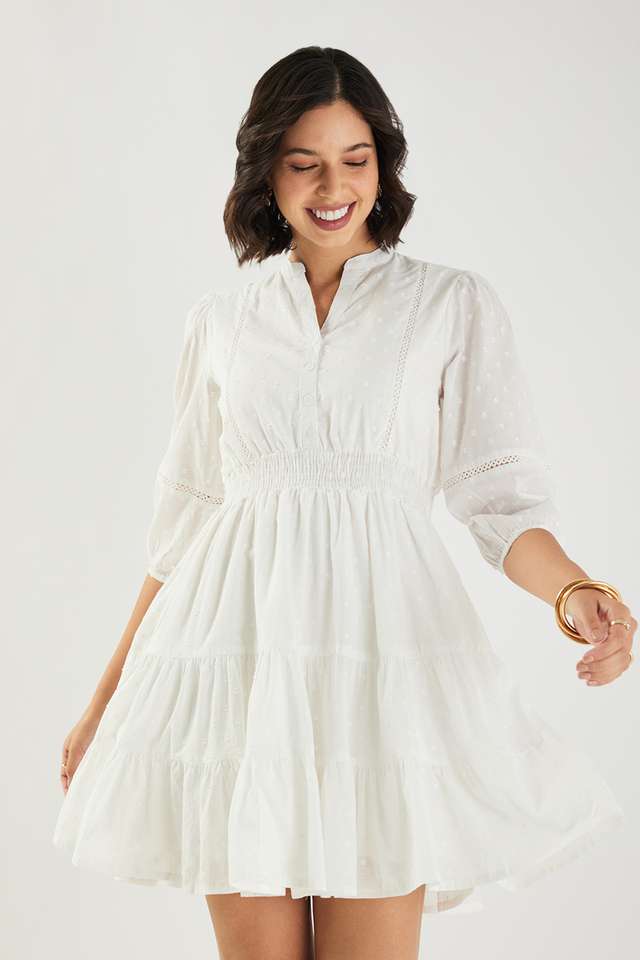 Dobby-Round-Neck-Cotton-Women-s-Knee-Length-Tiered-Dress