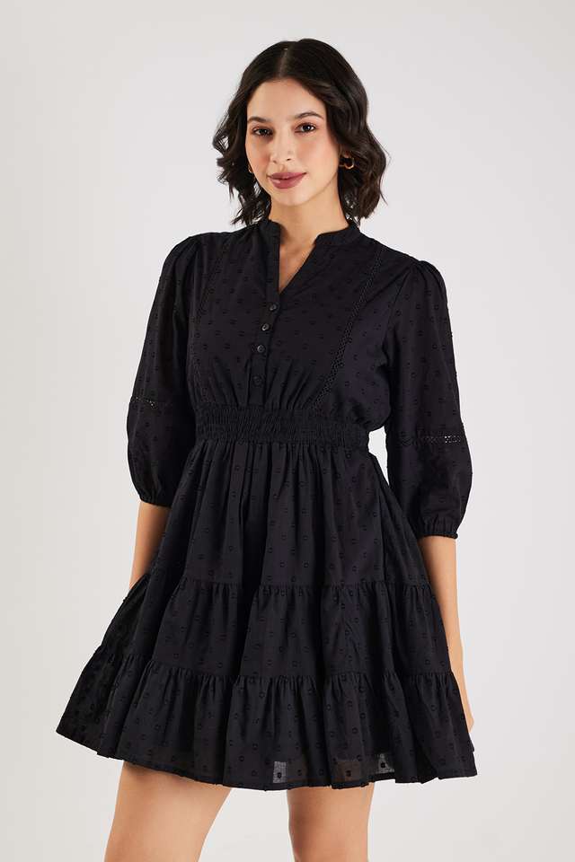 Dobby-Round-Neck-Cotton-Women-s-Knee-Length-Tiered-Dress