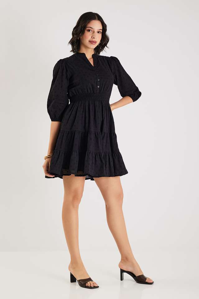 Dobby-Round-Neck-Cotton-Women-s-Knee-Length-Tiered-Dress