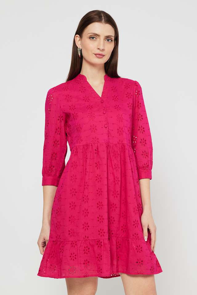 Schiffli-V-Neck-Cotton-Women-s-Knee-Length-Tiered-Dress