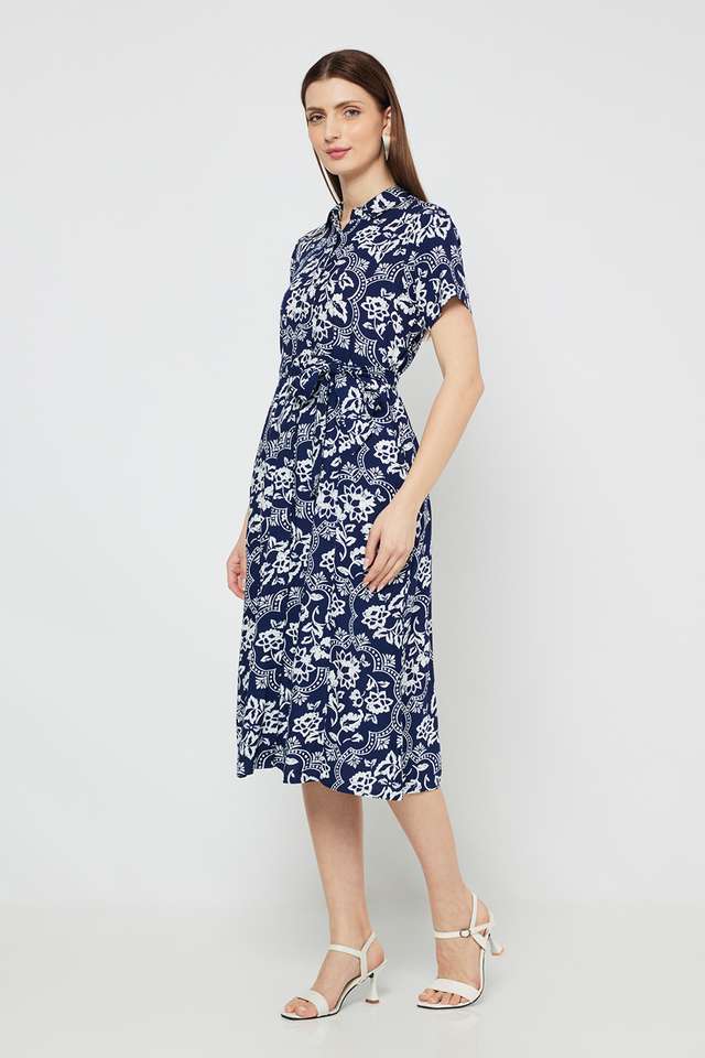 Printed-Blended-Fabric-Collared-Women-s-Midi-Dress