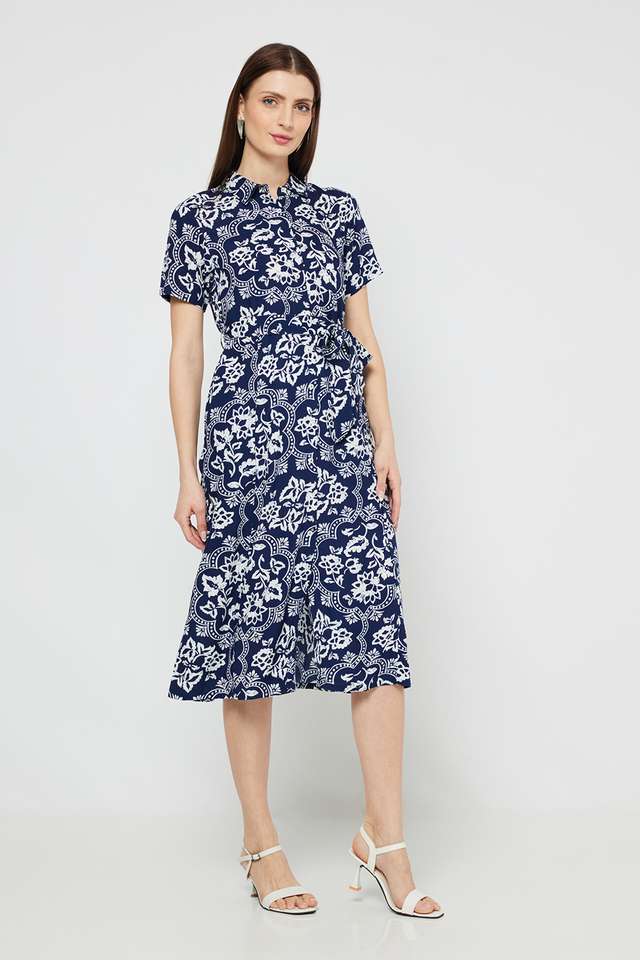 Printed-Blended-Fabric-Collared-Women-s-Midi-Dress