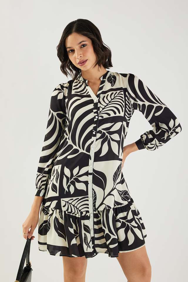 Printed-V-Neck-Polyester-Women-s-Knee-Length-Dress