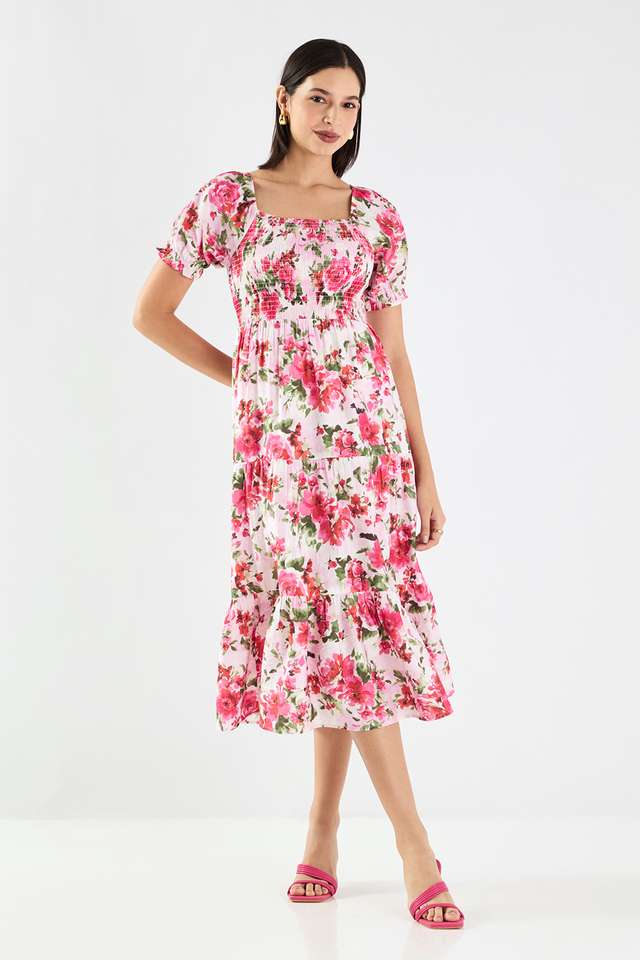 Printed-Square-Neck-Blended-Fabric-Women-s-Calf-Length-Tiered-Dress