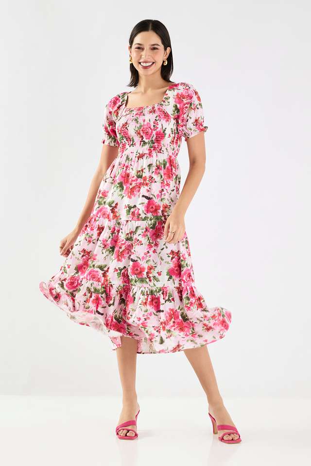 Printed-Square-Neck-Blended-Fabric-Women-s-Calf-Length-Tiered-Dress