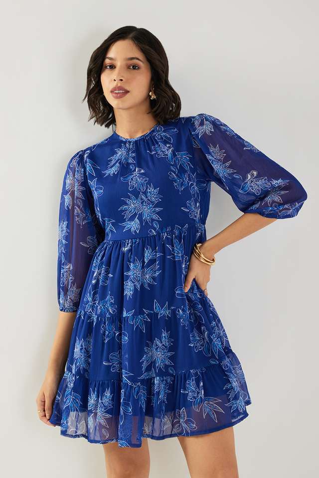 Printed-Round-Neck-Polyester-Women-s-Knee-Length-Tiered-Dress