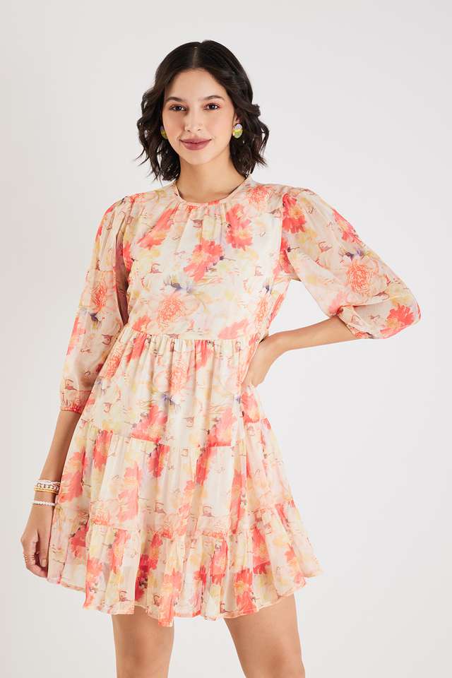 Printed-Round-Neck-Polyester-Women-s-Knee-Length-Tiered-Dress