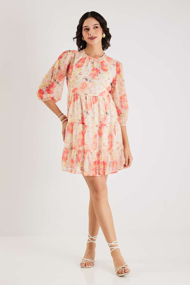 Printed-Round-Neck-Polyester-Women-s-Knee-Length-Tiered-Dress