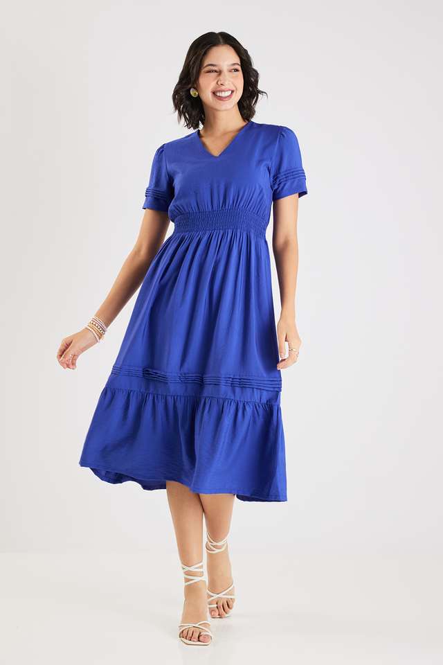 Solid-V-Neck-Blended-Fabric-Women-s-Calf-Length-Dress