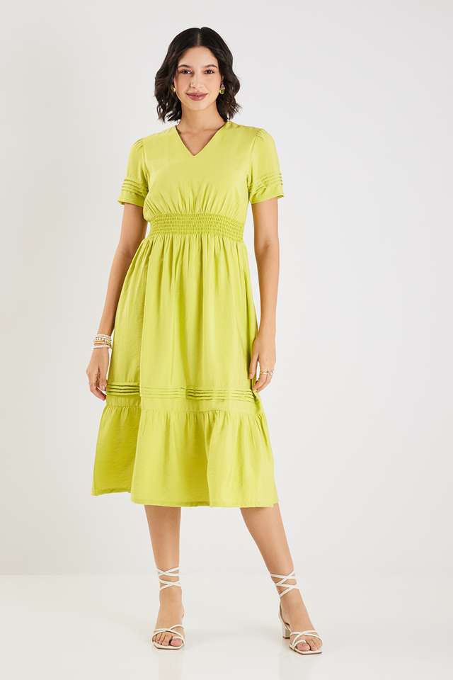 Solid-V-Neck-Blended-Fabric-Women-s-Calf-Length-Dress