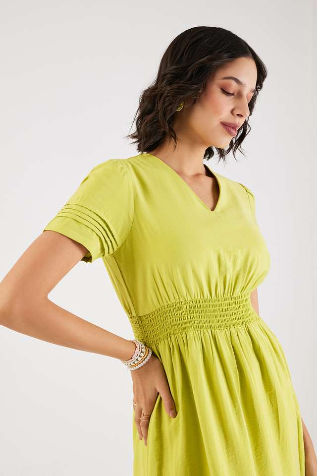 Solid-V-Neck-Blended-Fabric-Women-s-Calf-Length-Dress