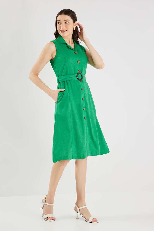 Solid-Blended-Fabric-Collared-Women-s-Midi-Dress