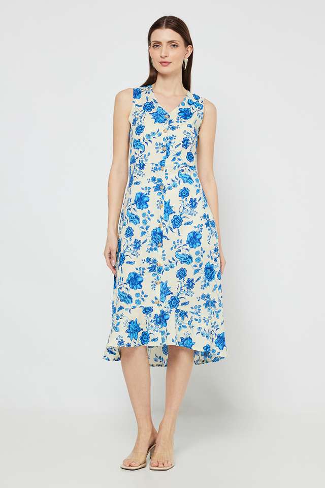 Printed-Blended-Fabric-V-Neck-Women-s-Midi-Dress