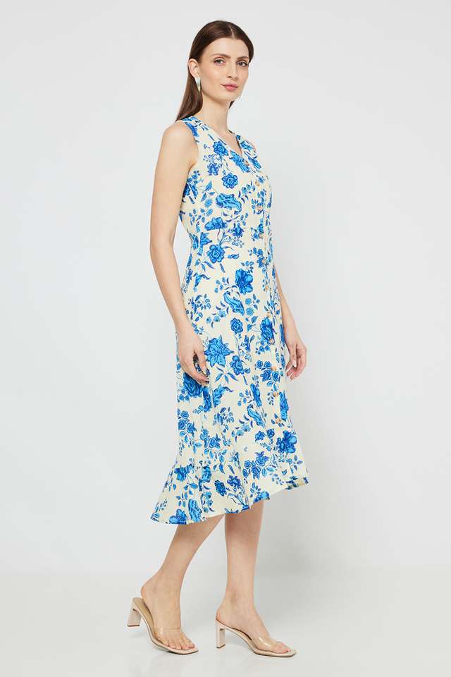 Printed-Blended-Fabric-V-Neck-Women-s-Midi-Dress