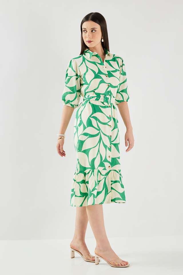 Printed-Collared-Cotton-Women-s-Calf-Length-Dress