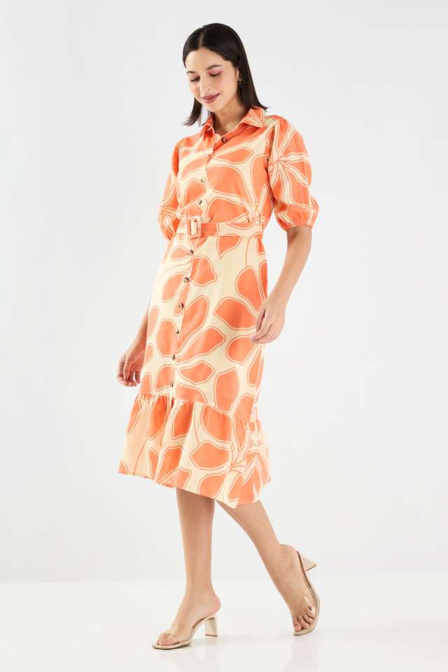 Printed-Collared-Cotton-Women-s-Calf-Length-Dress