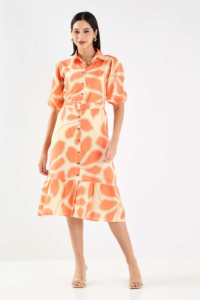 Printed-Collared-Cotton-Women-s-Calf-Length-Dress