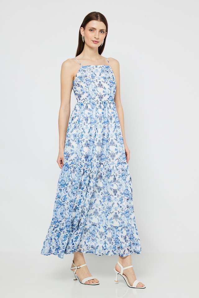 Printed-Square-Neck-Chiffon-Women-s-Full-Length-Tiered-Dress