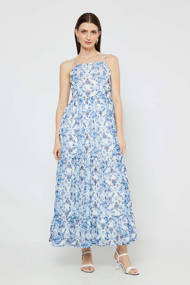 Printed-Square-Neck-Chiffon-Women-s-Full-Length-Tiered-Dress