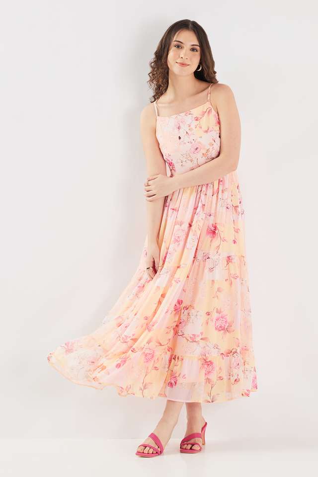 Printed-Square-Neck-Polyester-Women-s-Full-Length-Tiered-Dress