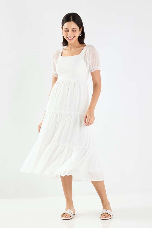 Printed-Square-Neck-Polyester-Women-s-Calf-Length-Tiered-Dress