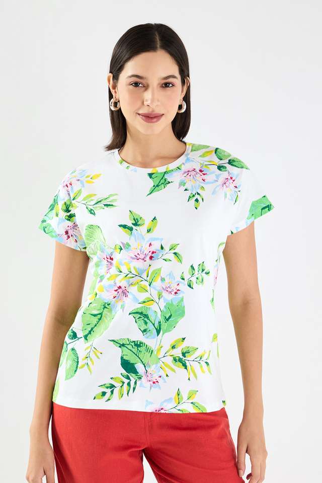 Printed-Blended-Fabric-Round-Neck-Women-s-T-Shirt