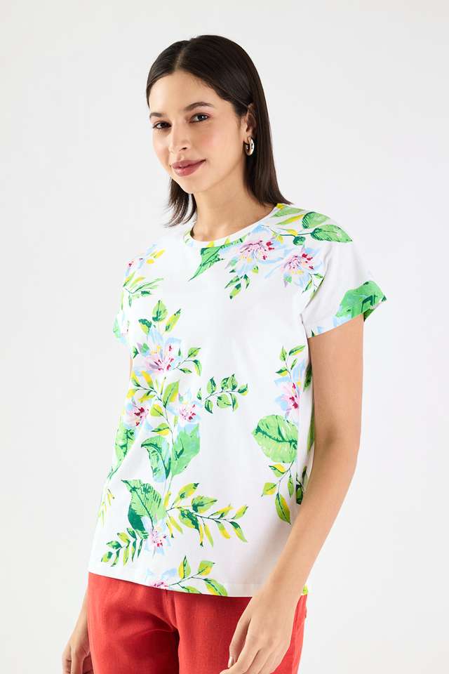 Printed-Blended-Fabric-Round-Neck-Women-s-T-Shirt